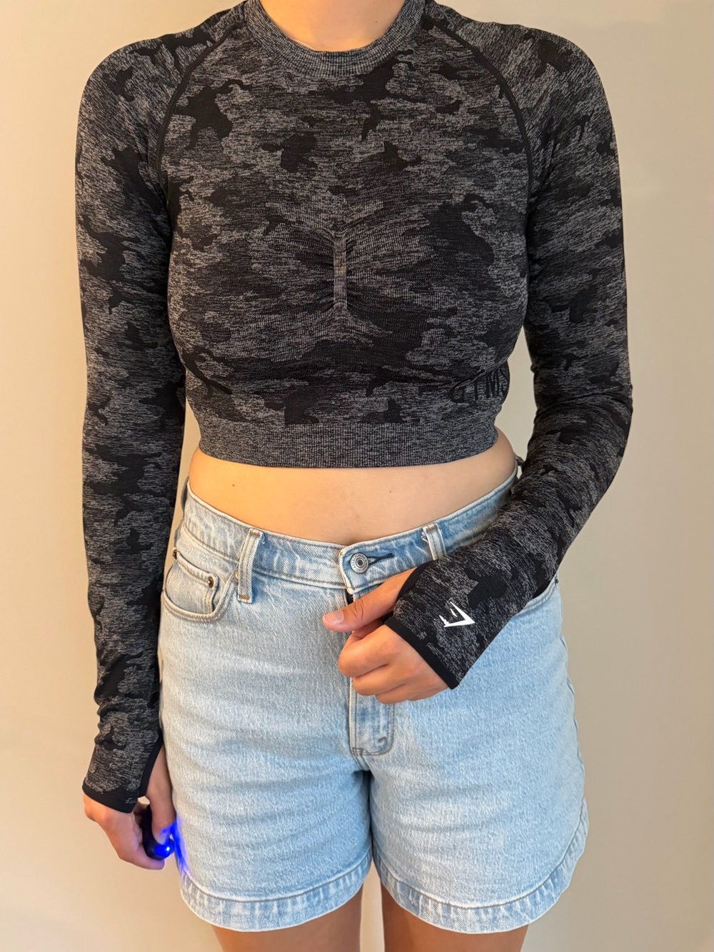 Gymshark Black & Gray Camo Long Sleeve Crop Top